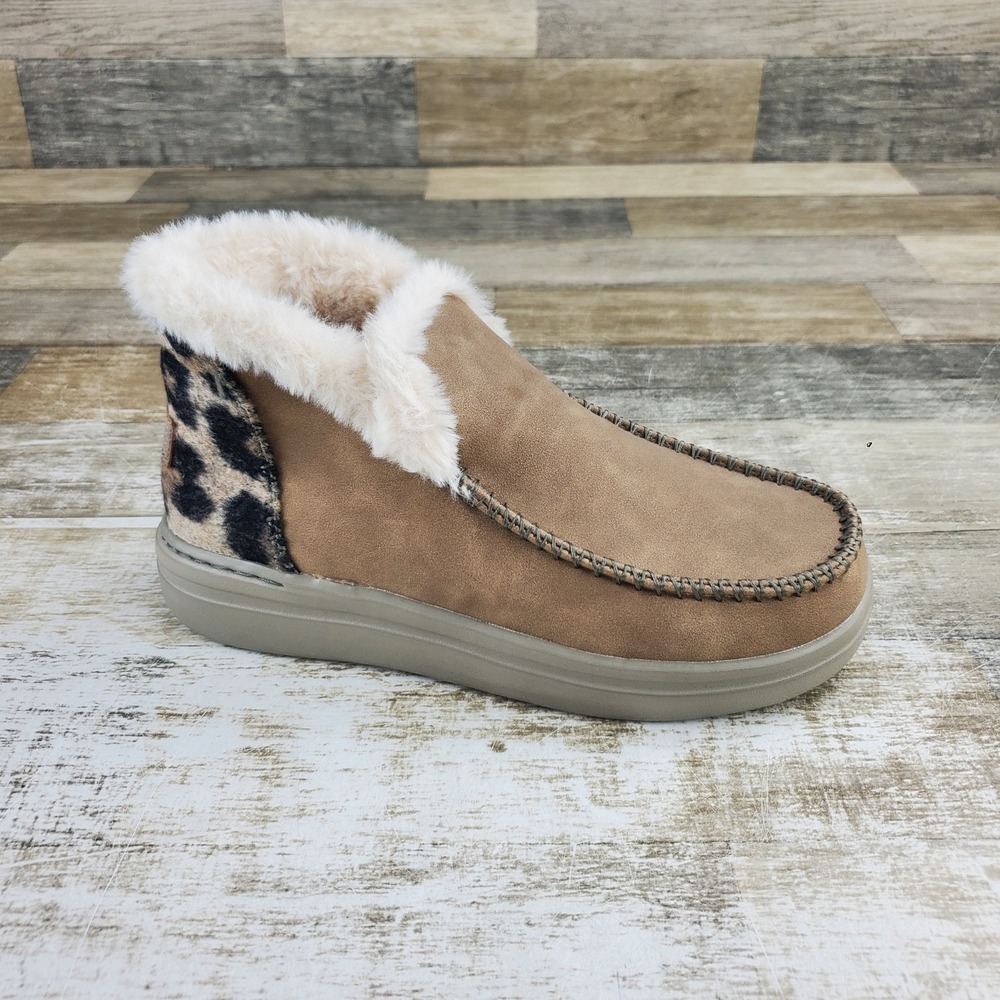 Hey Dude Denny Grip Womens Ankle Boots Sz 6 Brown Comfort Faux Fur Lined Slip On